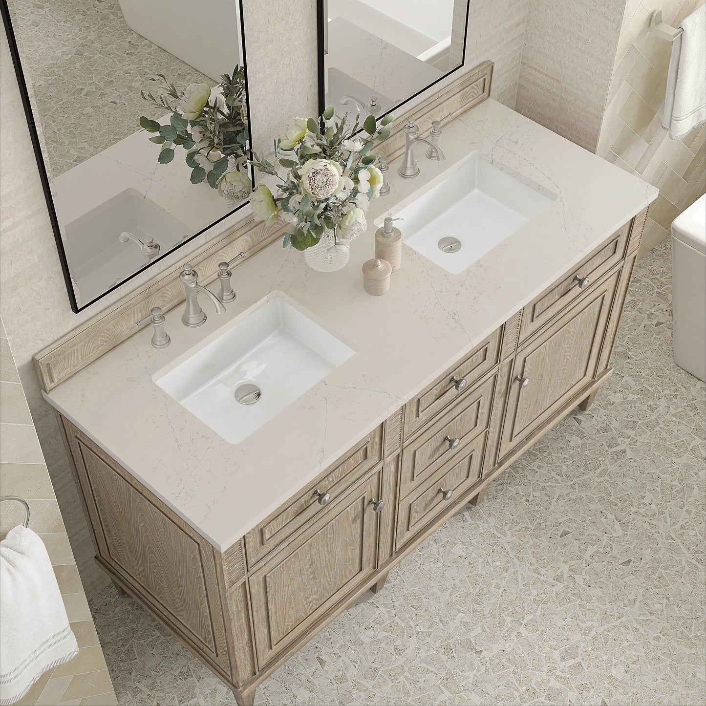 
                  
                    Lorelai 60" Double Vanity in Whitewashed Oak James Martin Vanities Siberian Silestone 
                  
                
