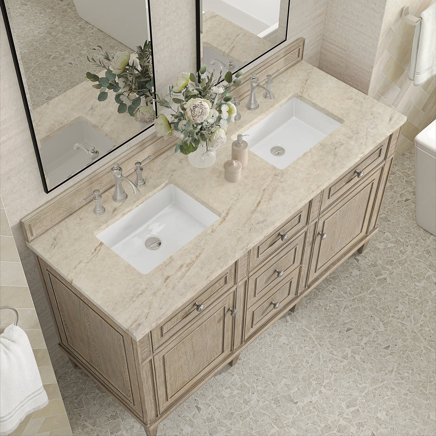 
                  
                    Lorelai 60" Double Vanity in Whitewashed Oak James Martin Vanities Tajnar Eclos 
                  
                