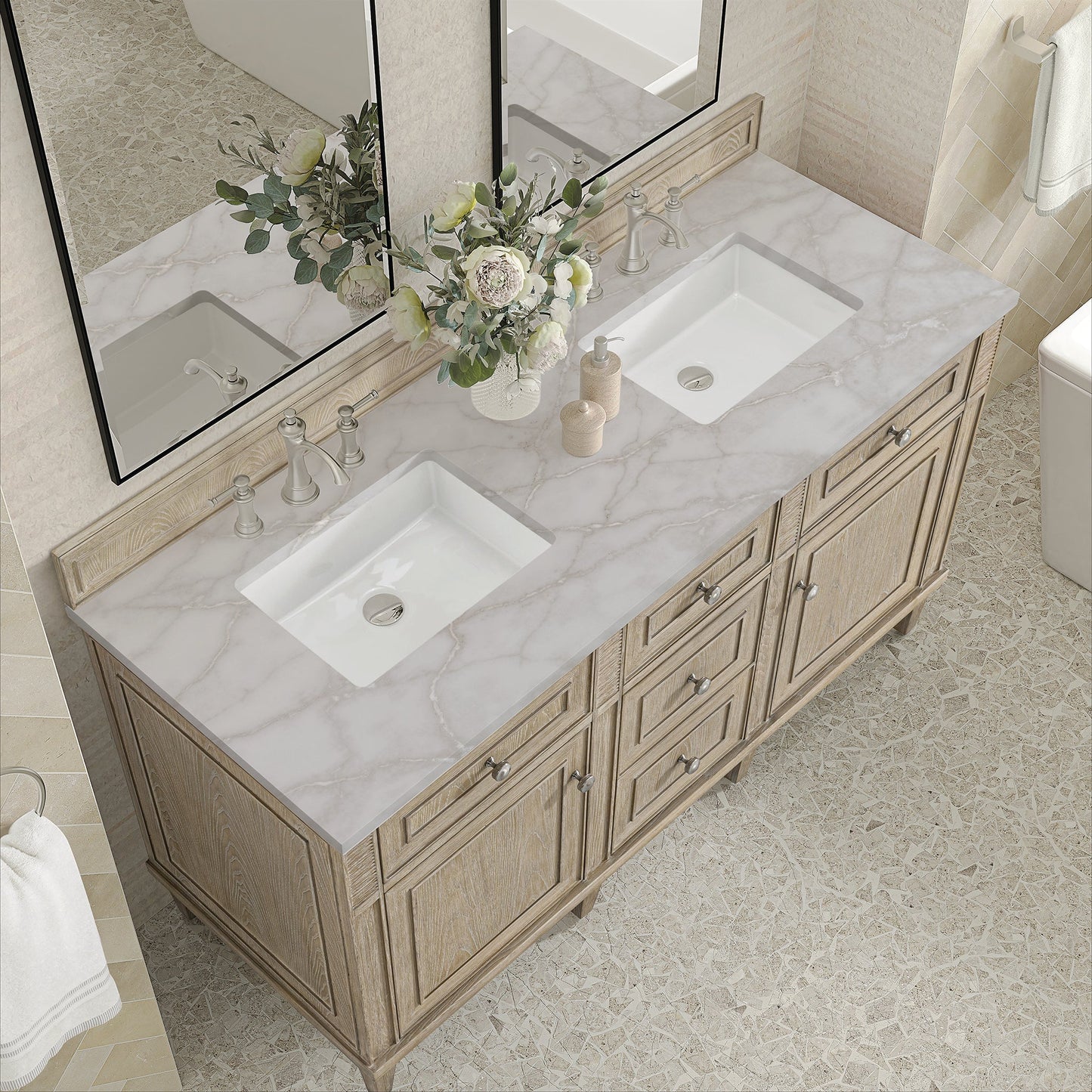 
                  
                    Lorelai 60" Double Vanity in Whitewashed Oak James Martin Vanities Victorian Silver Silestone 
                  
                