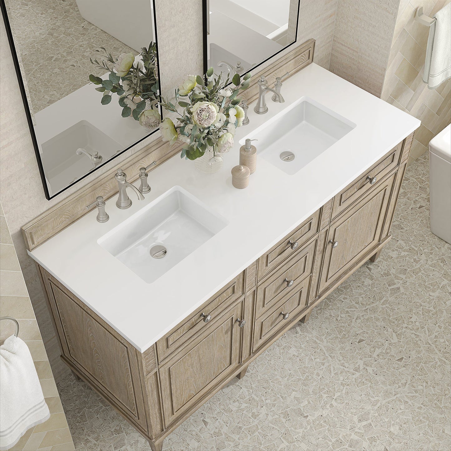 
                  
                    Lorelai 60" Double Vanity in Whitewashed Oak James Martin Vanities White Zeus Silestone 
                  
                