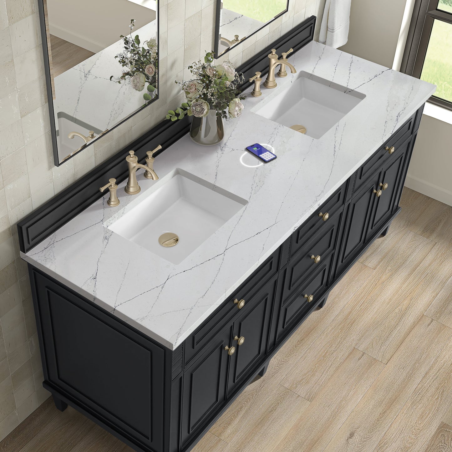 
                  
                    Lorelai 72" Double Vanity in Black Onyx James Martin Vanities FreePower-Enabled Ethereal Noctis Silestone 
                  
                