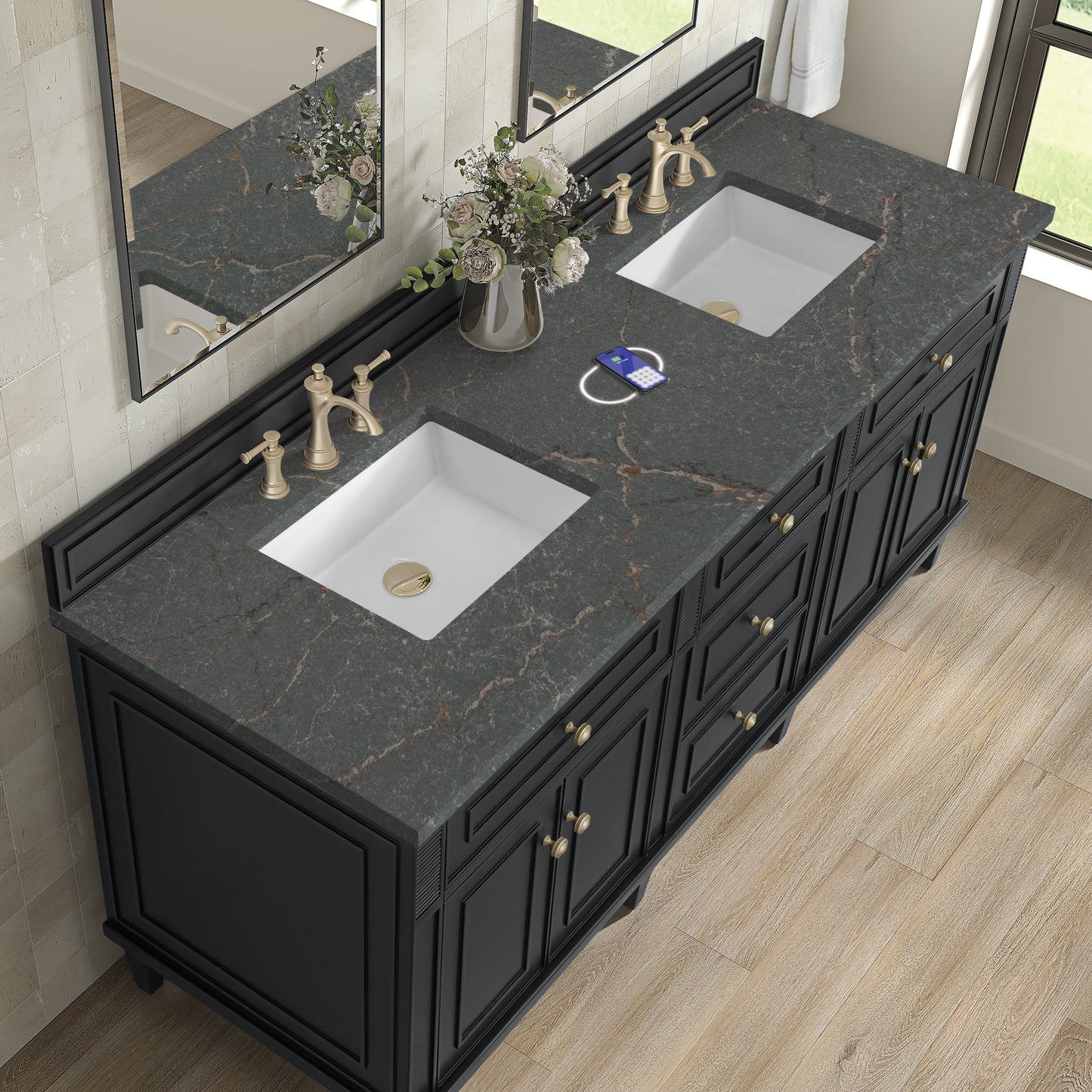 
                  
                    Lorelai 72" Double Vanity in Black Onyx James Martin Vanities FreePower-Enabled Parisien Bleu Silestone 
                  
                