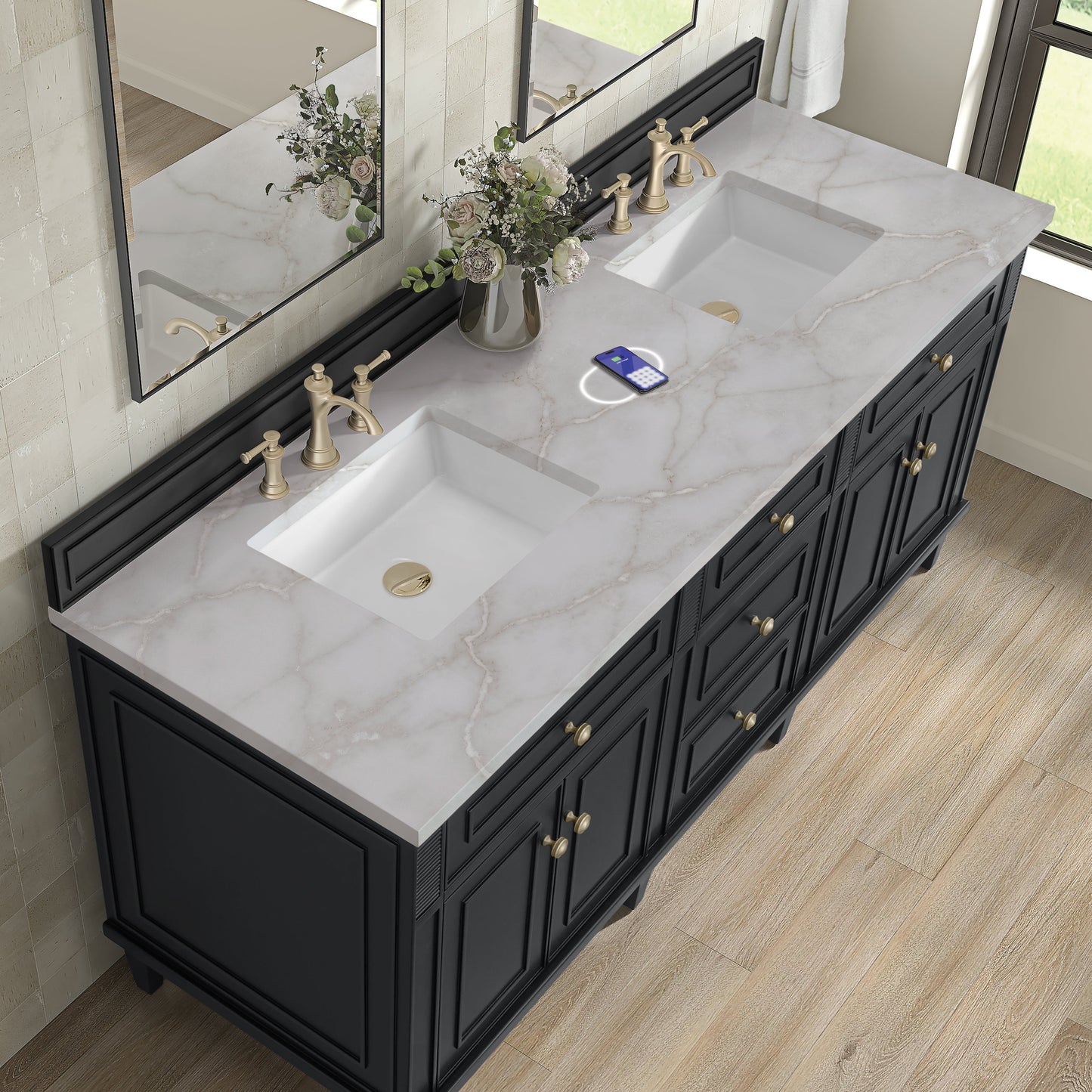 
                  
                    Lorelai 72" Double Vanity in Black Onyx James Martin Vanities FreePower-Enabled Victorian Silver Silestone 
                  
                