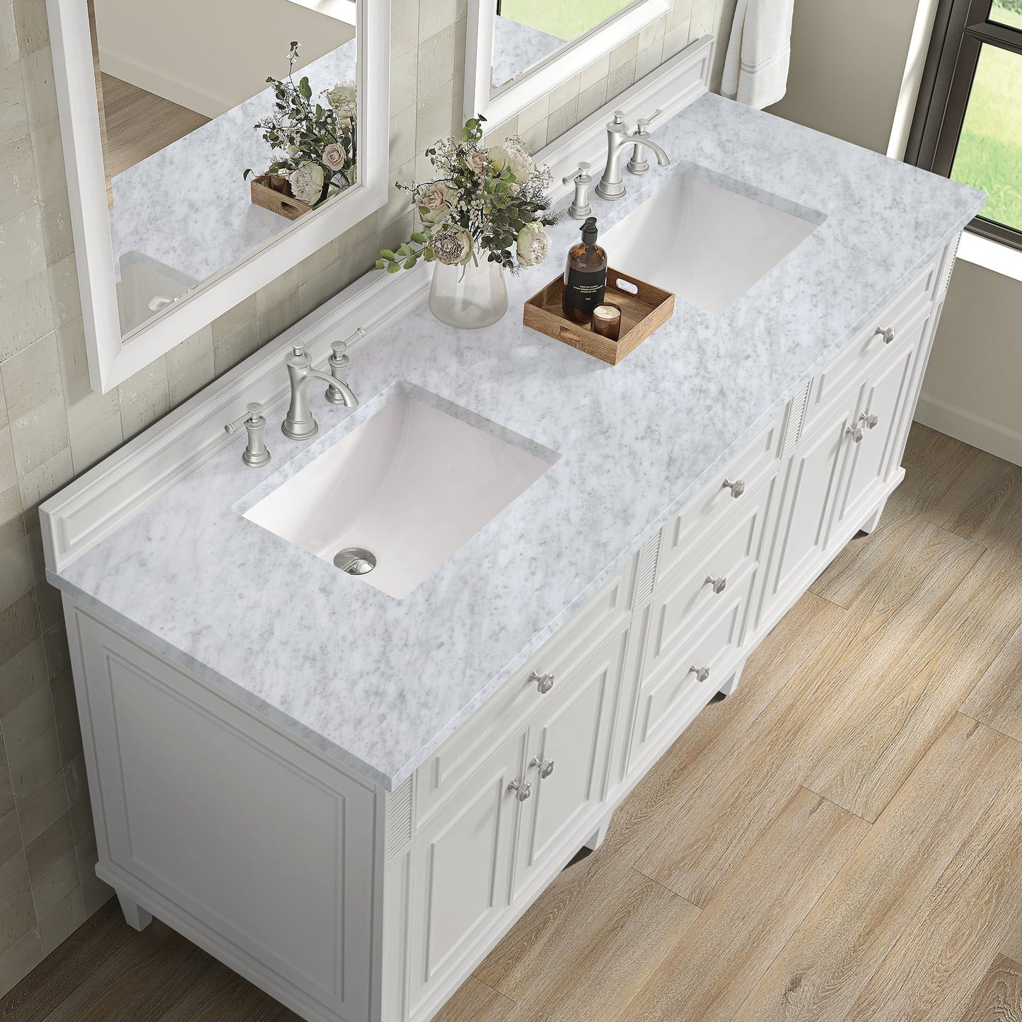 
                  
                    Lorelai 72" Double Vanity in Bright White James Martin Vanities Carrara White Marble 
                  
                