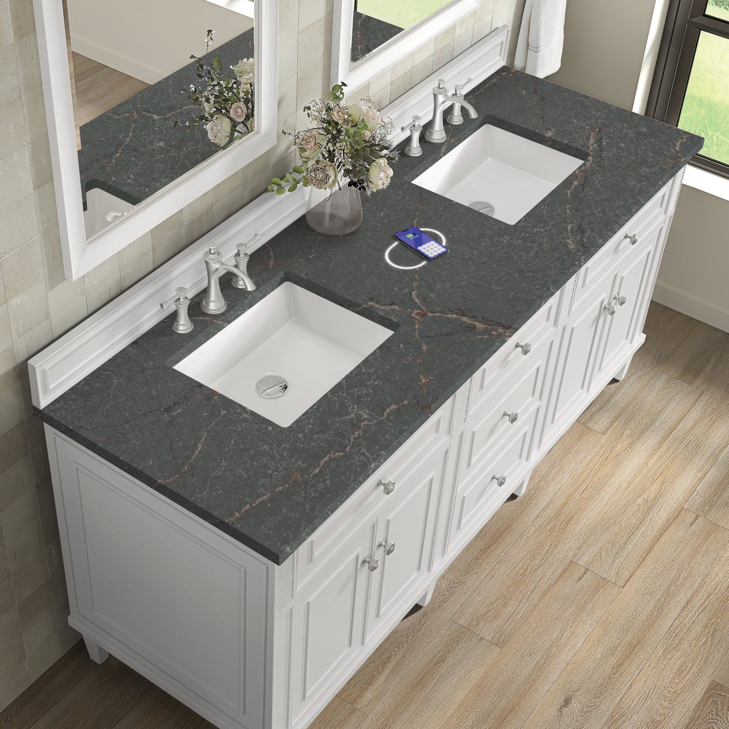
                  
                    Lorelai 72" Double Vanity in Bright White James Martin Vanities FreePower-Enabled Parisien Bleu Silestone 
                  
                
