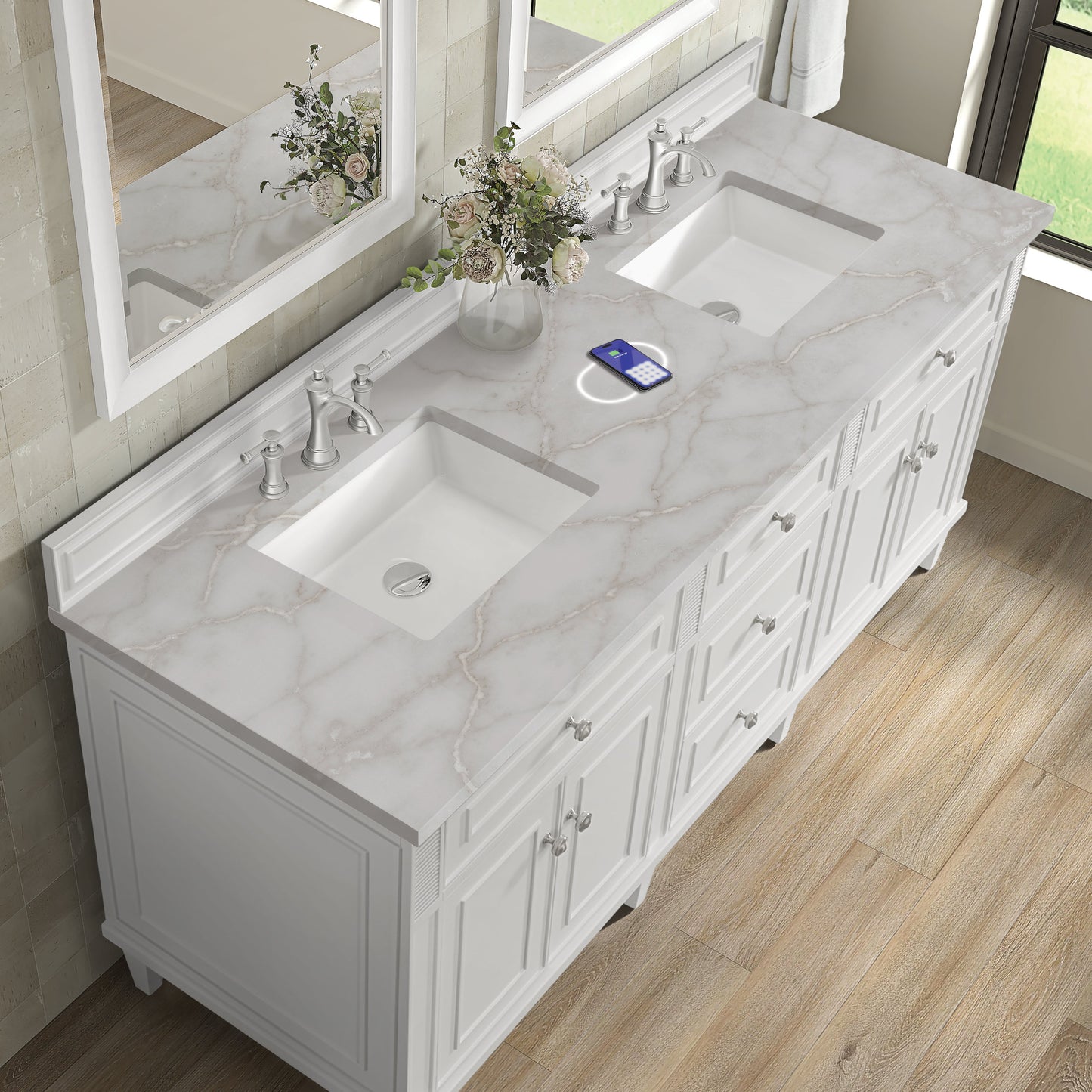 
                  
                    Lorelai 72" Double Vanity in Bright White James Martin Vanities FreePower-Enabled Victorian Silver Silestone 
                  
                
