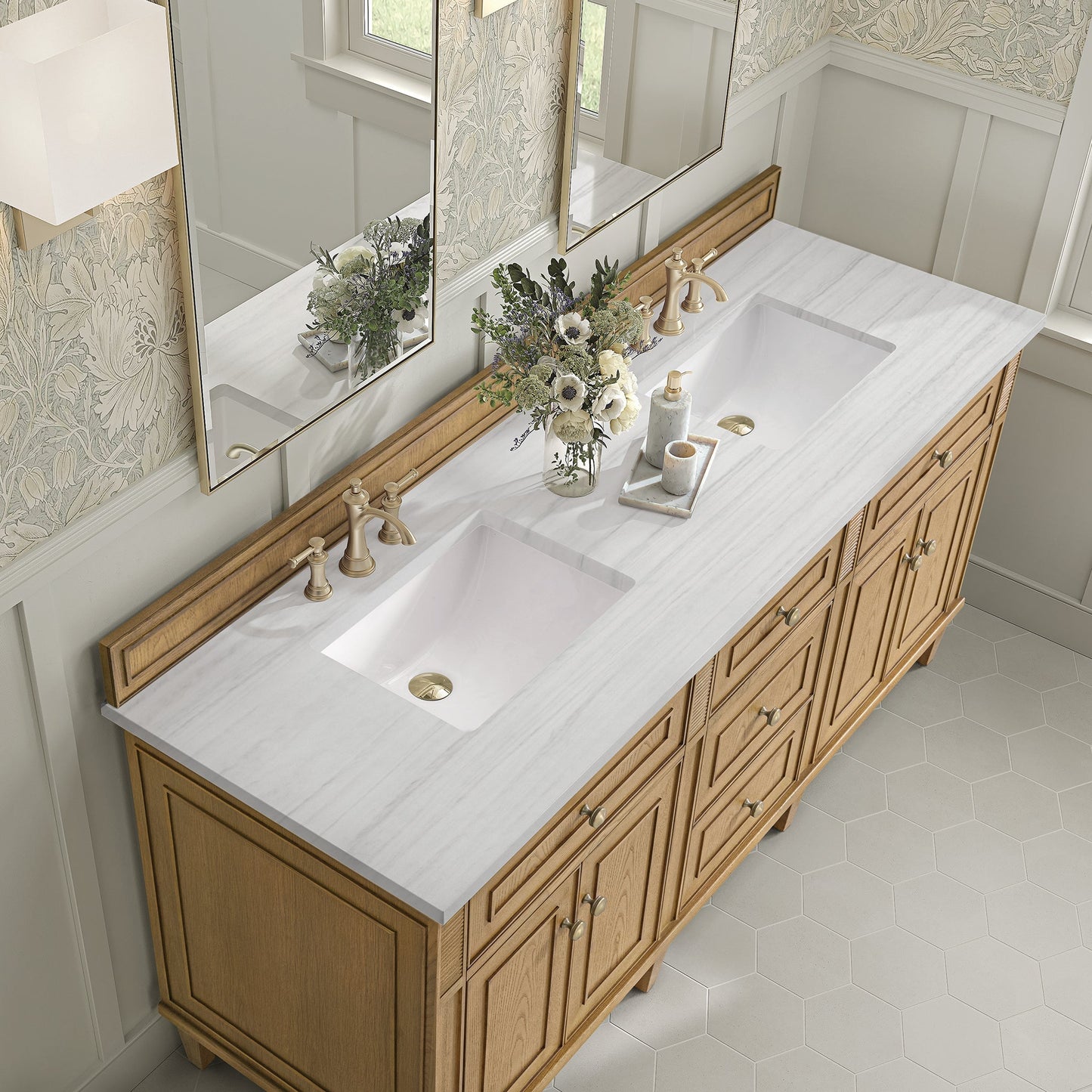 
                  
                    Lorelai 72" Double Vanity in Light Natural Oak James Martin Vanities Arctic Fall solid surface 
                  
                