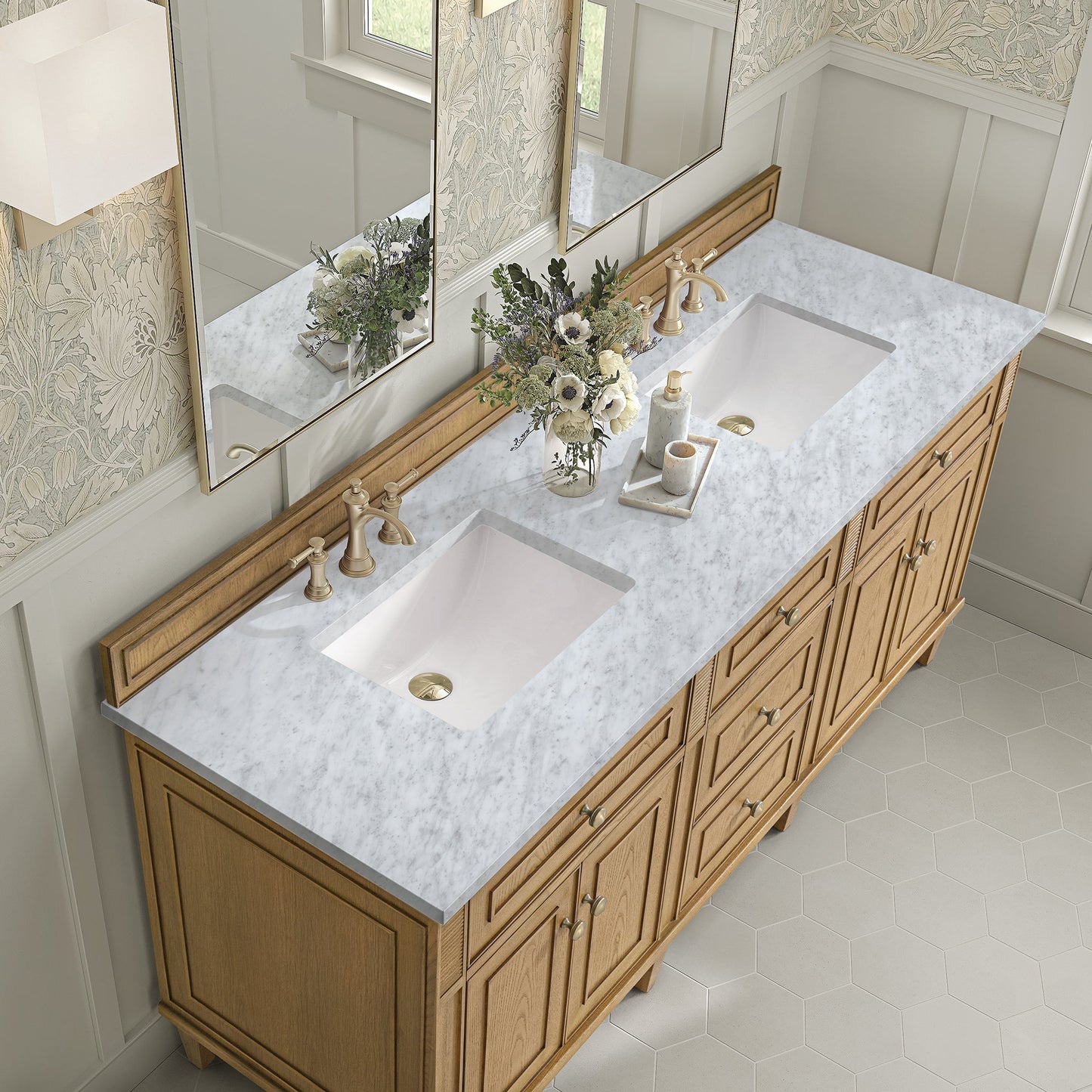 
                  
                    Lorelai 72" Double Vanity in Light Natural Oak James Martin Vanities Carrara White Marble 
                  
                