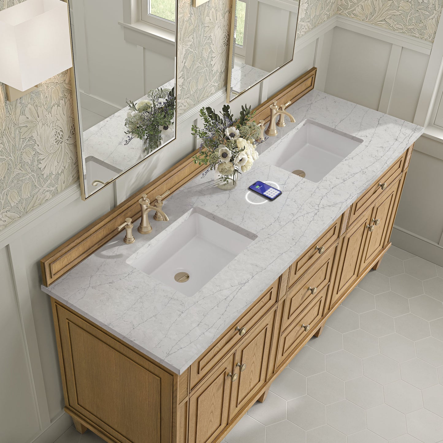 
                  
                    Lorelai 72" Double Vanity in Light Natural Oak James Martin Vanities FreePower-Enabled Eternal Jasmine Pearl Silestone 
                  
                