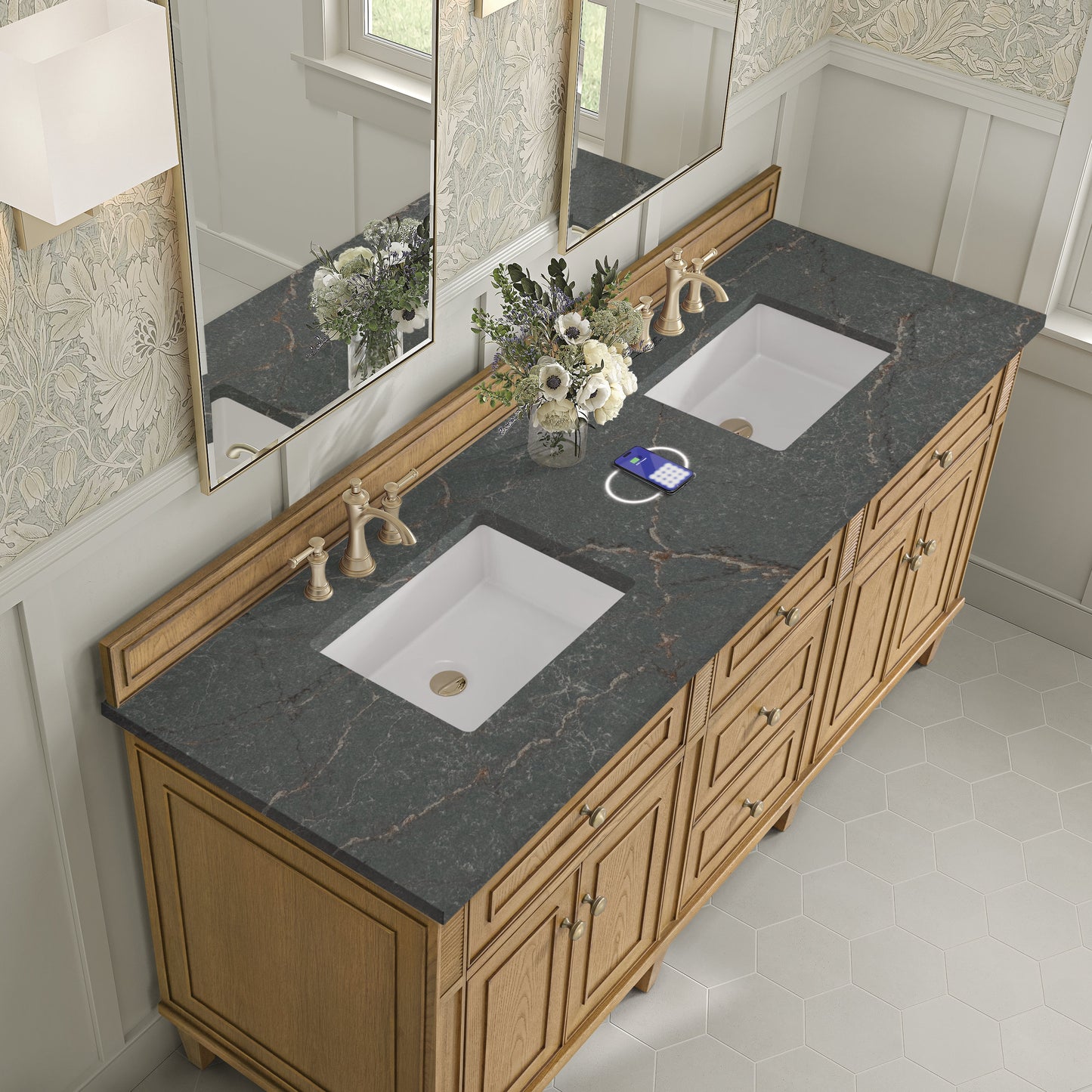 
                  
                    Lorelai 72" Double Vanity in Light Natural Oak James Martin Vanities FreePower-Enabled Parisien Bleu Silestone 
                  
                