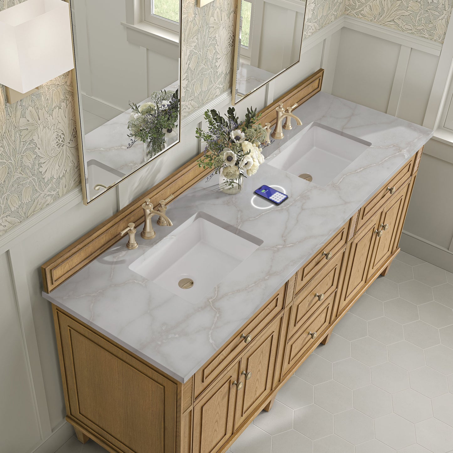 
                  
                    Lorelai 72" Double Vanity in Light Natural Oak James Martin Vanities FreePower-Enabled Victorian Silver Silestone 
                  
                