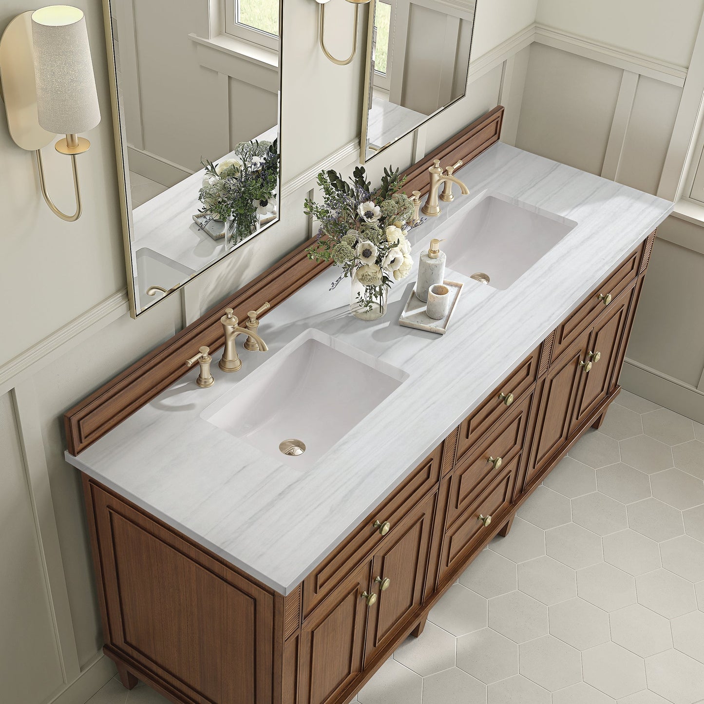 
                  
                    Lorelai 72" Double Vanity in Mid-Century Walnut James Martin Vanities Arctic Fall solid surface 
                  
                