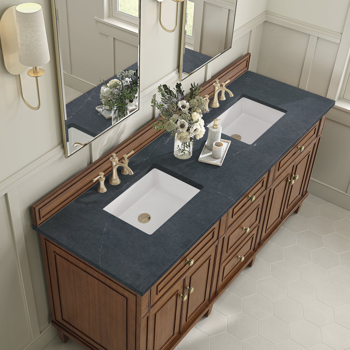 
                  
                    Lorelai 72" Double Vanity in Mid-Century Walnut James Martin Vanities Charcoal Soapstone Silestone 
                  
                