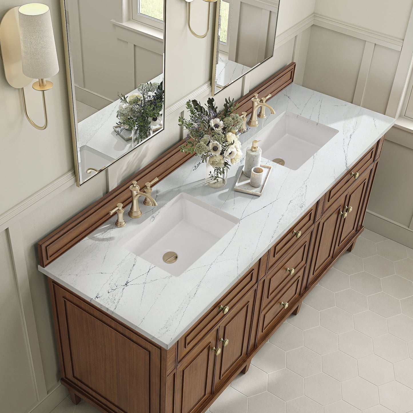 
                  
                    Lorelai 72" Double Vanity in Mid-Century Walnut James Martin Vanities Ethereal Noctis Silestone 
                  
                