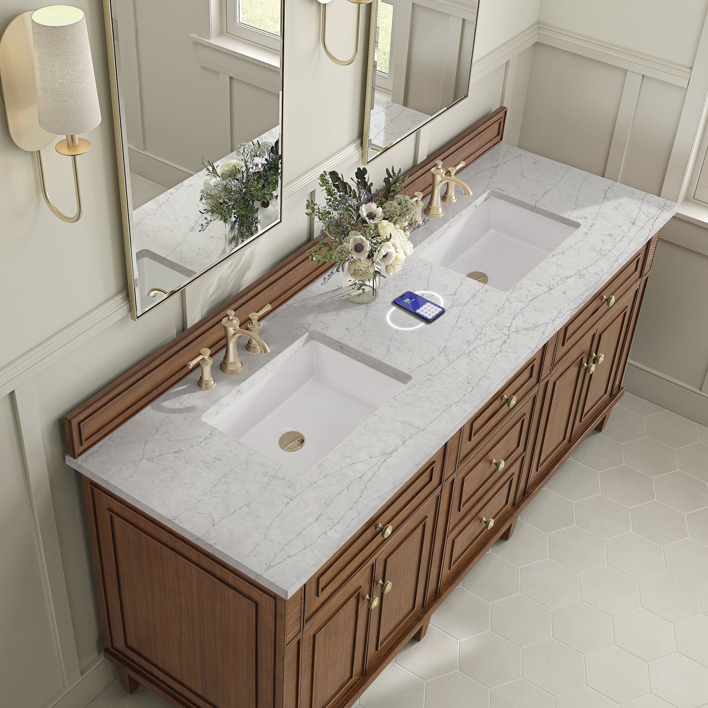 
                  
                    Lorelai 72" Double Vanity in Mid-Century Walnut James Martin Vanities FreePower-Enabled Eternal Jasmine Pearl Silestone 
                  
                