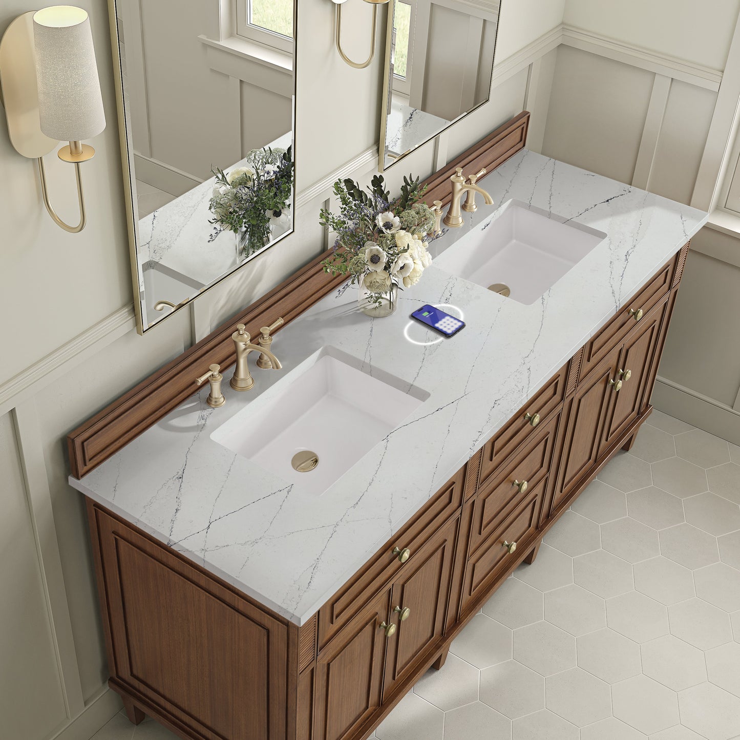 
                  
                    Lorelai 72" Double Vanity in Mid-Century Walnut James Martin Vanities FreePower-Enabled Ethereal Noctis Silestone 
                  
                