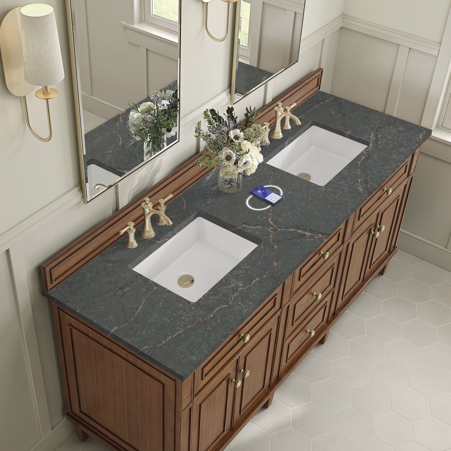 
                  
                    Lorelai 72" Double Vanity in Mid-Century Walnut James Martin Vanities FreePower-Enabled Parisien Bleu Silestone 
                  
                