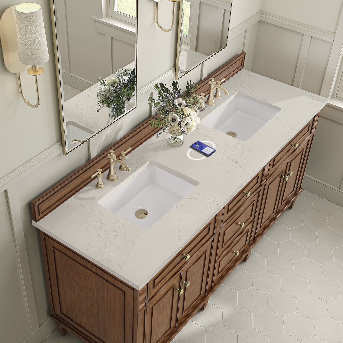 
                  
                    Lorelai 72" Double Vanity in Mid-Century Walnut James Martin Vanities FreePower-Enabled Siberian Silestone 
                  
                