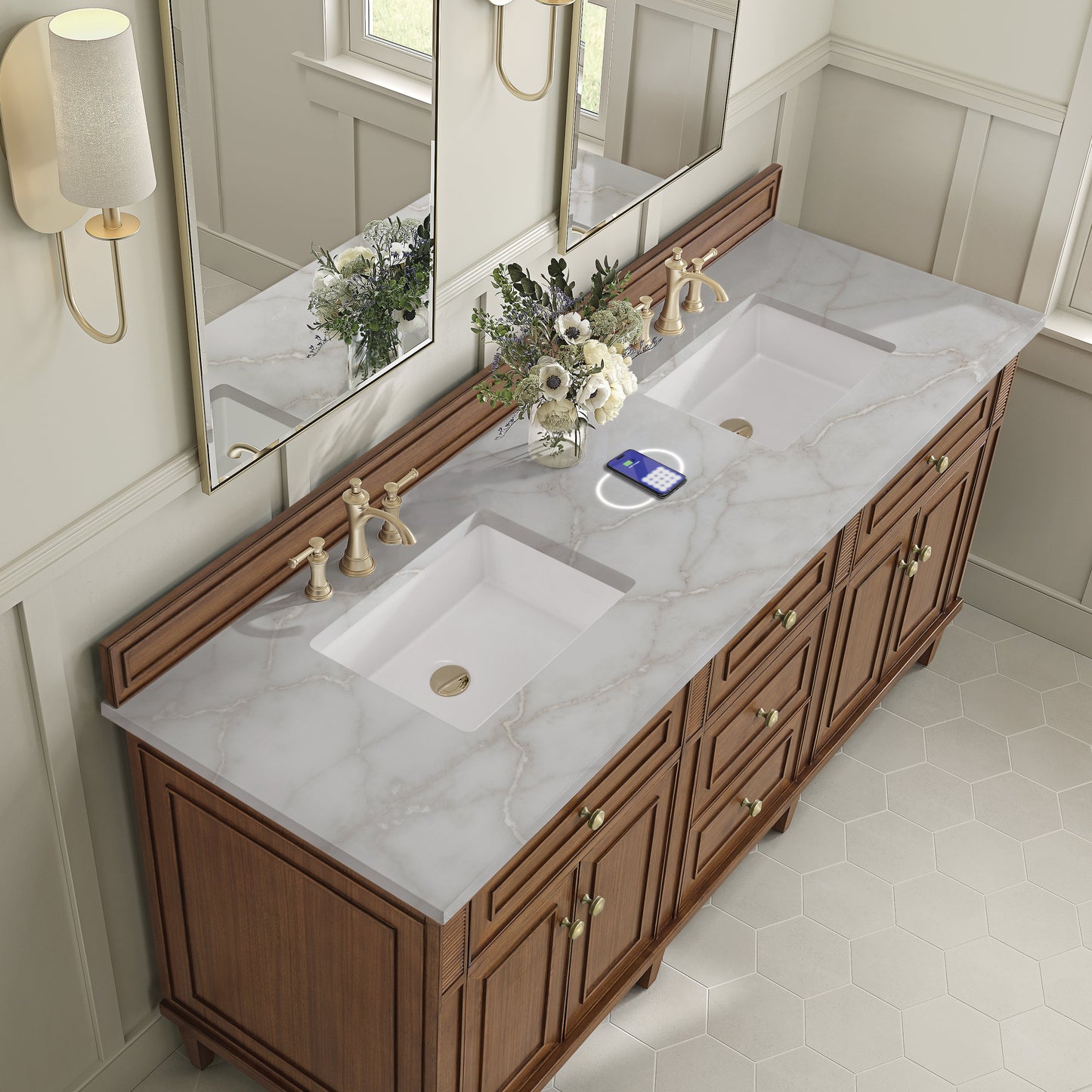 
                  
                    Lorelai 72" Double Vanity in Mid-Century Walnut James Martin Vanities FreePower-Enabled Victorian Silver Silestone 
                  
                