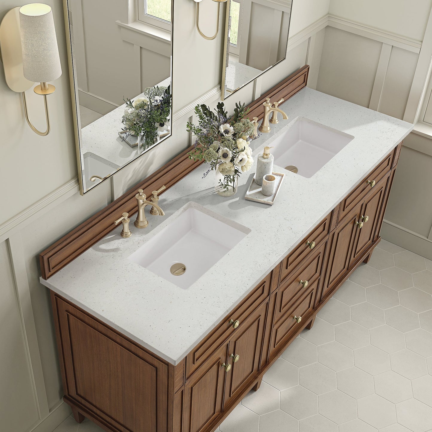 
                  
                    Lorelai 72" Double Vanity in Mid-Century Walnut James Martin Vanities Lime Delight Silestone 
                  
                