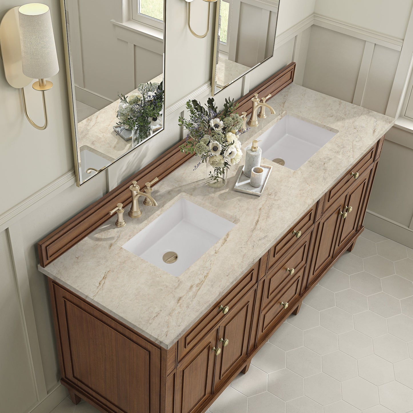 
                  
                    Lorelai 72" Double Vanity in Mid-Century Walnut James Martin Vanities Tajnar Eclos 
                  
                