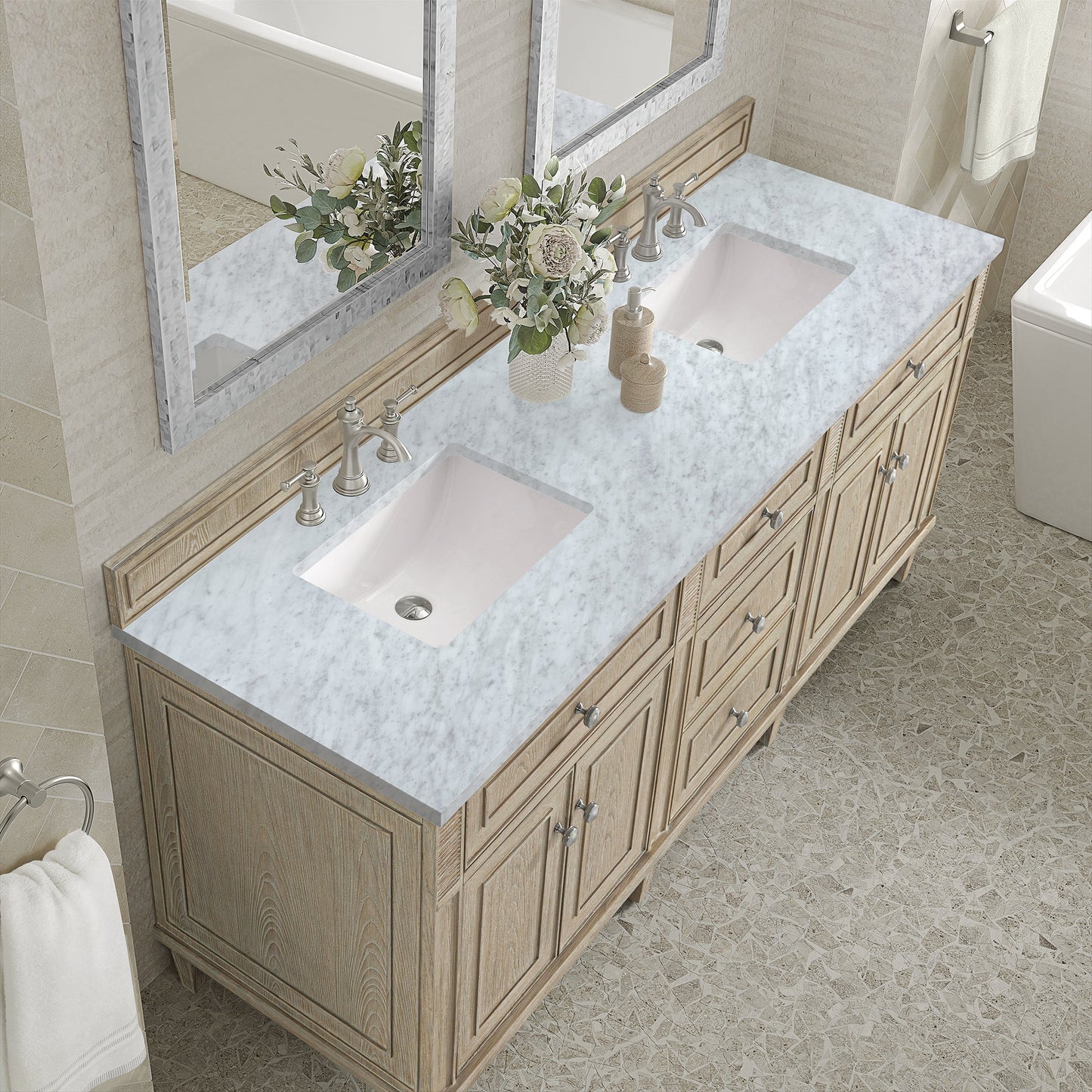 
                  
                    Lorelai 72" Double Vanity in Whitewashed Oak James Martin Vanities Carrara White Marble 
                  
                
