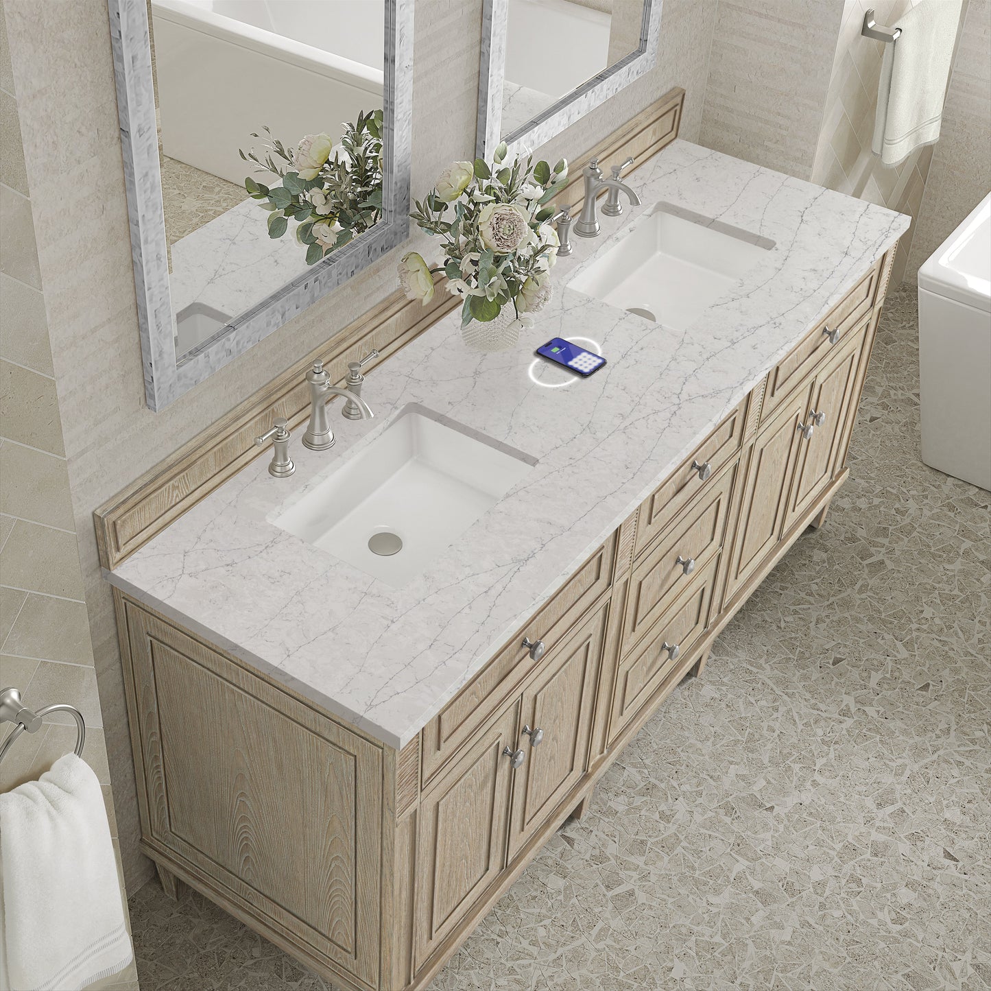 
                  
                    Lorelai 72" Double Vanity in Whitewashed Oak James Martin Vanities FreePower-Enabled Eternal Jasmine Pearl Silestone 
                  
                