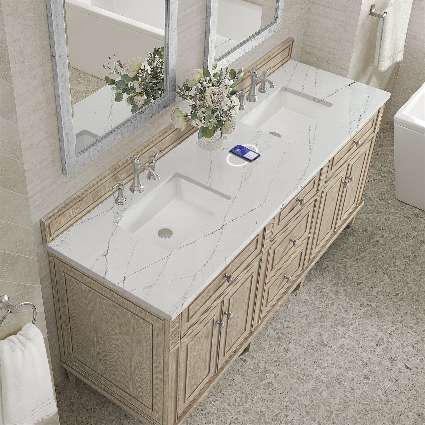 
                  
                    Lorelai 72" Double Vanity in Whitewashed Oak James Martin Vanities FreePower-Enabled Ethereal Noctis Silestone 
                  
                