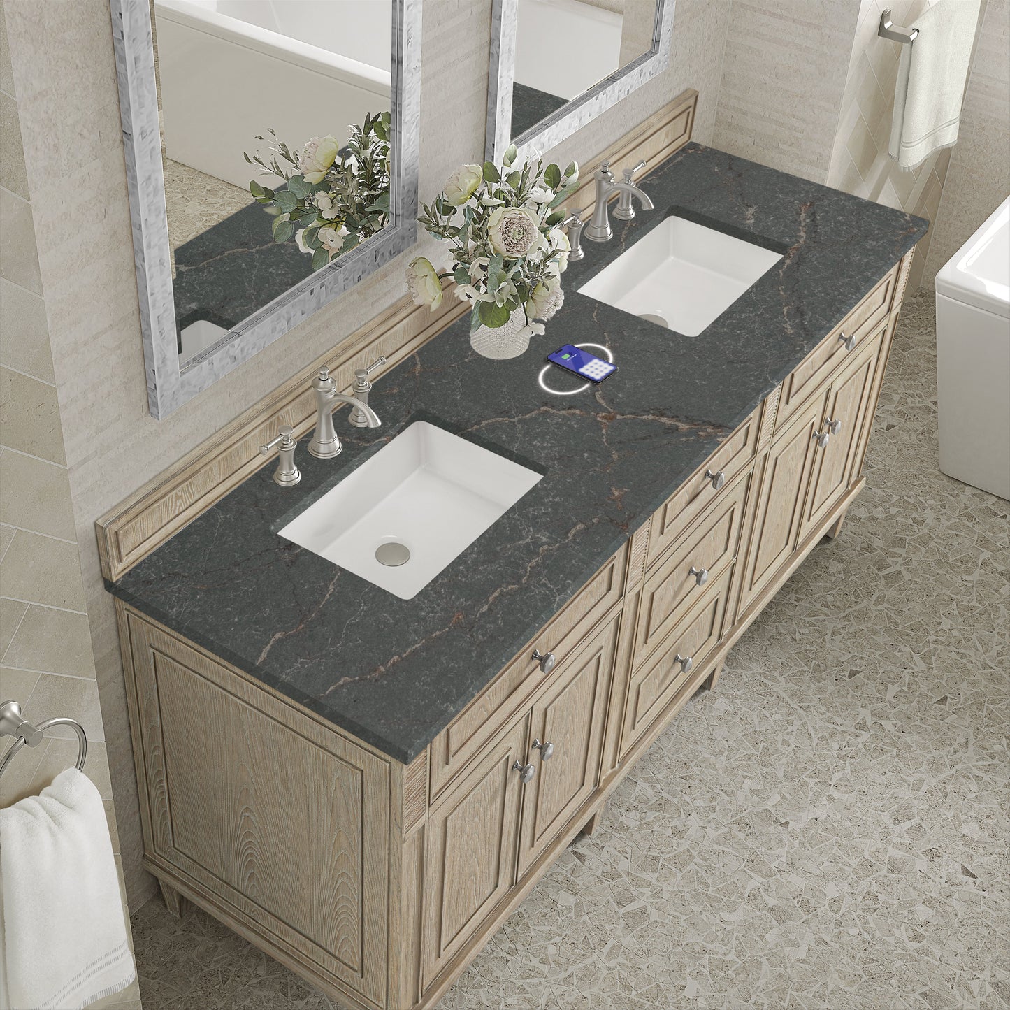 
                  
                    Lorelai 72" Double Vanity in Whitewashed Oak James Martin Vanities FreePower-Enabled Parisien Bleu Silestone 
                  
                