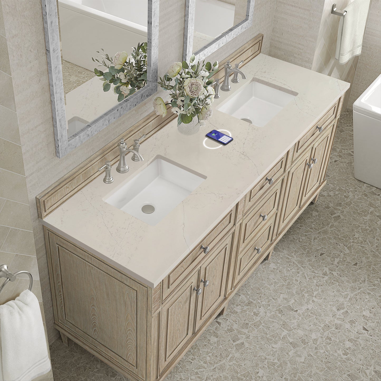 
                  
                    Lorelai 72" Double Vanity in Whitewashed Oak James Martin Vanities FreePower-Enabled Siberian Silestone 
                  
                