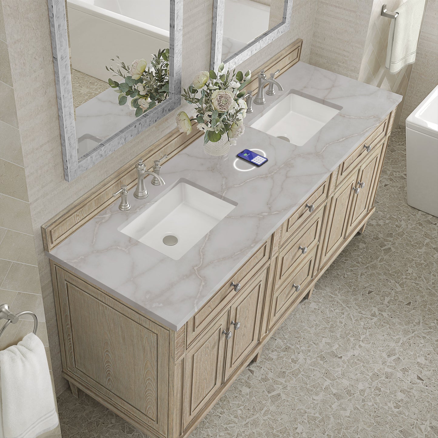 
                  
                    Lorelai 72" Double Vanity in Whitewashed Oak James Martin Vanities FreePower-Enabled Victorian Silver Silestone 
                  
                