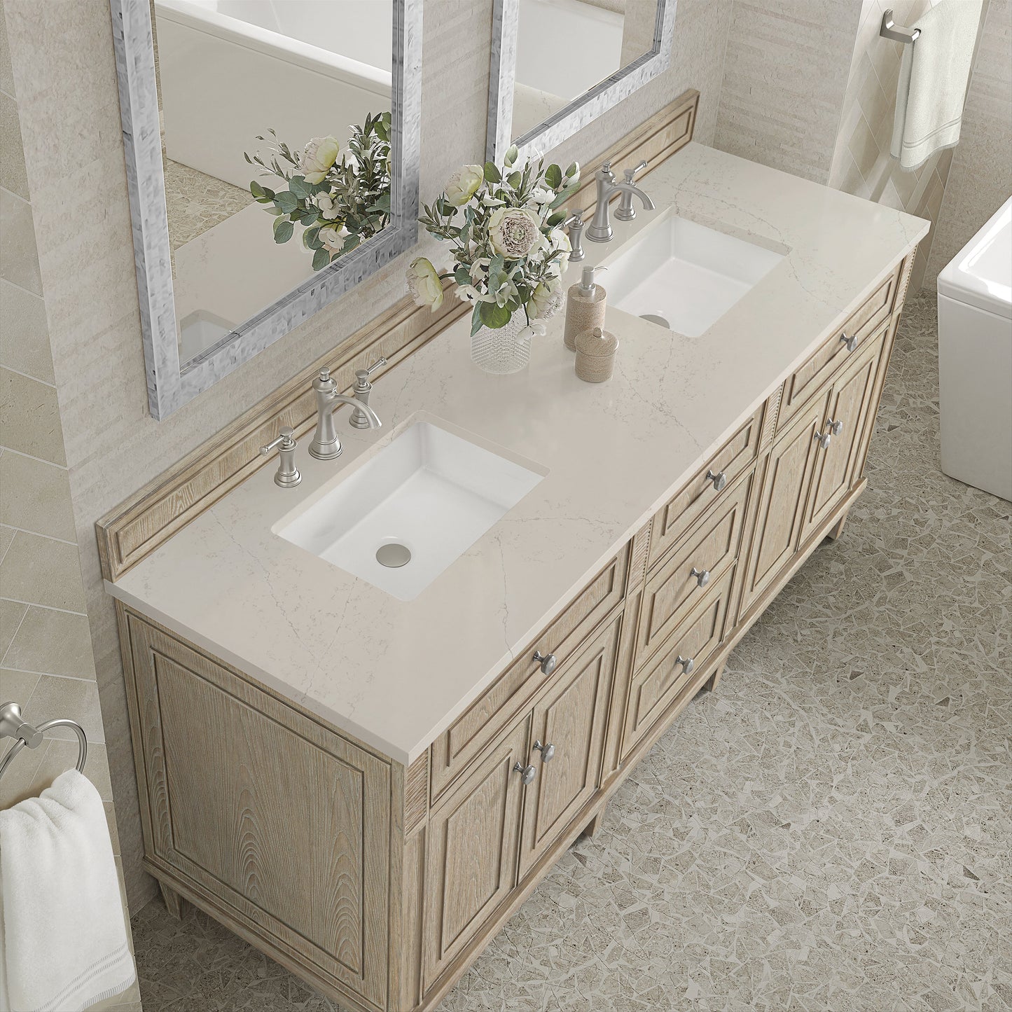 
                  
                    Lorelai 72" Double Vanity in Whitewashed Oak James Martin Vanities Siberian Silestone 
                  
                
