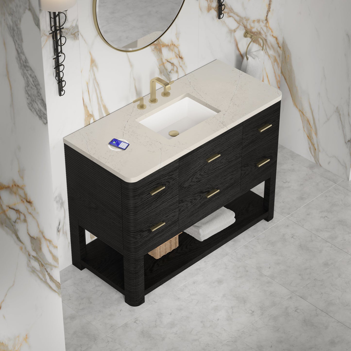 
                  
                    Lucian 48" Single Vanity in Carbon Oak Single Bathroom Vanity James Martin Vanities FreePower-Enabled Siberian Silestone 
                  
                