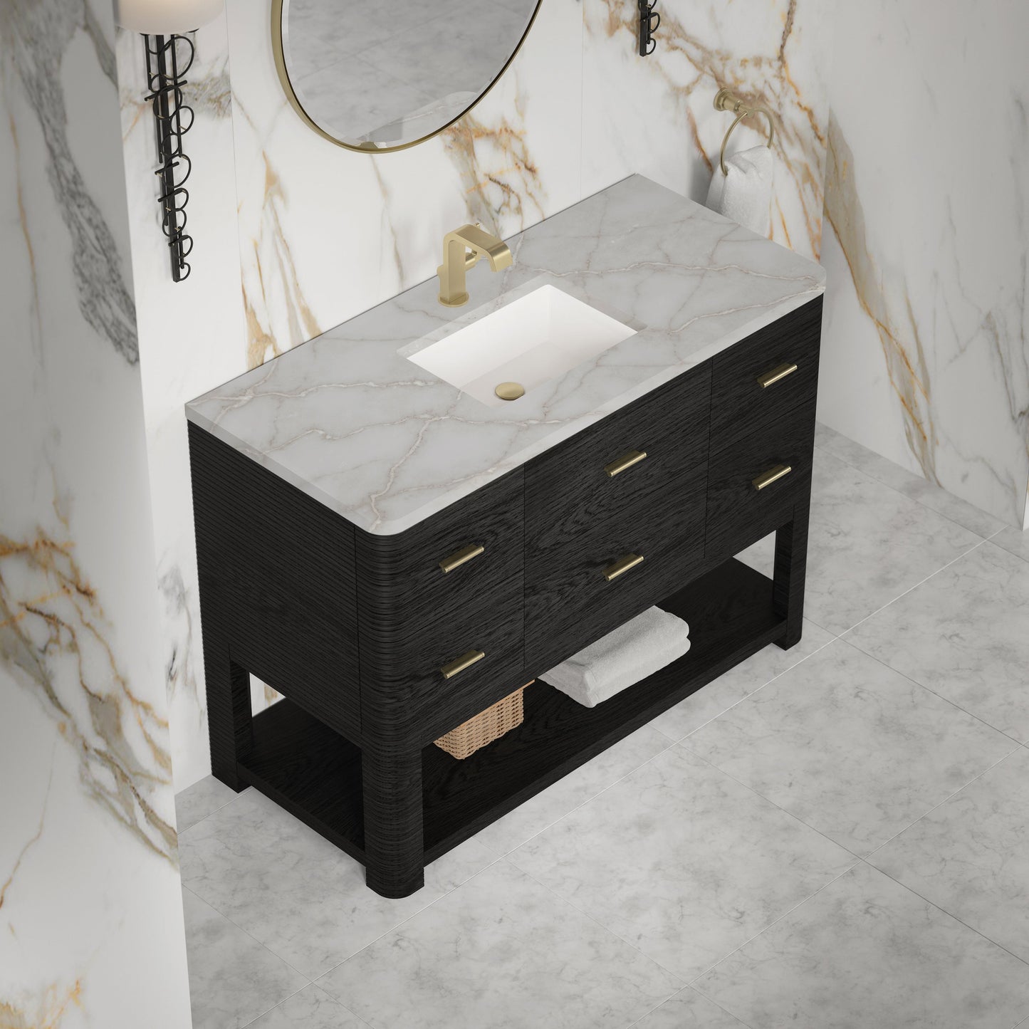 
                  
                    Lucian 48" Single Vanity in Carbon Oak Single Bathroom Vanity James Martin Vanities Victorian Silver Silestone - Single Hole 
                  
                