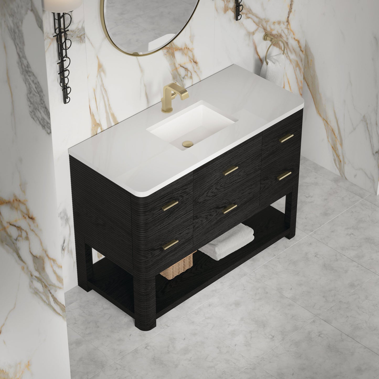 
                  
                    Lucian 48" Single Vanity in Carbon Oak Single Bathroom Vanity James Martin Vanities White Zeus Silestone - Single Hole 
                  
                