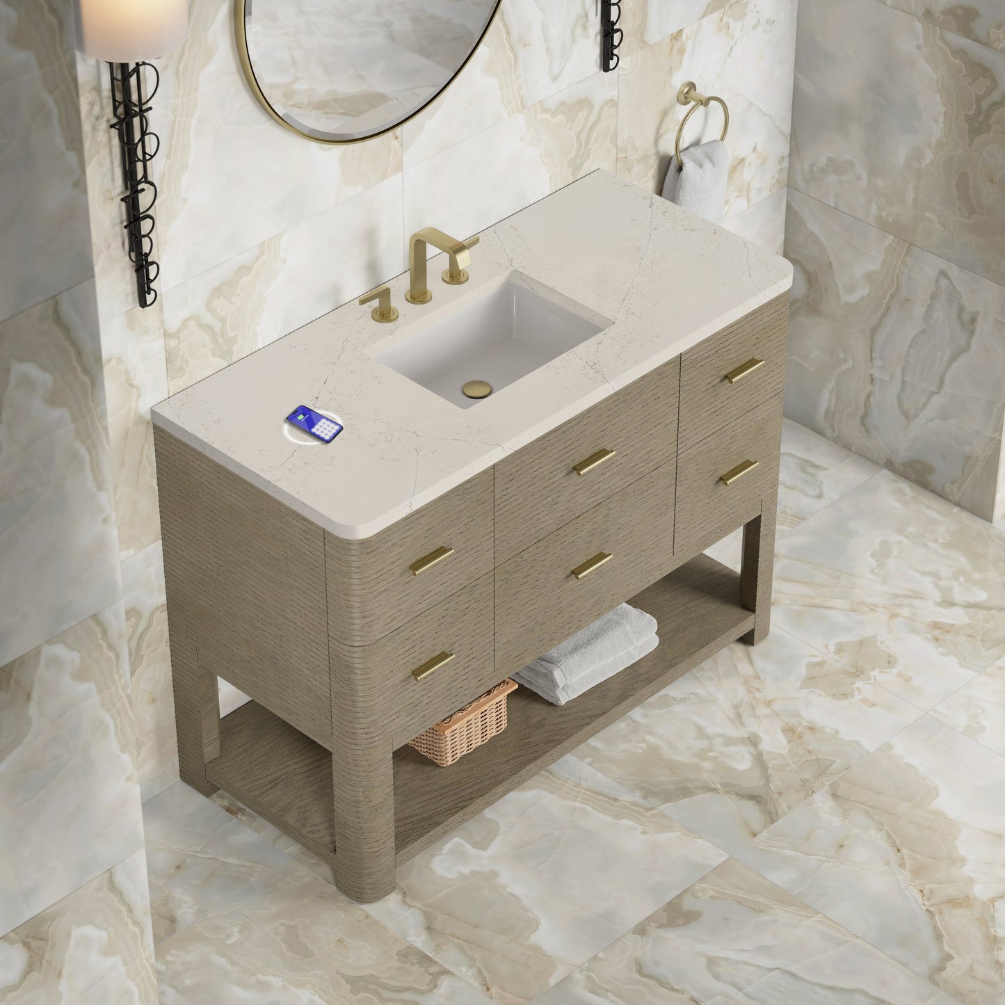 
                  
                    Lucian 48" Single Vanity in Pebble Oak Single Bathroom Vanity James Martin Vanities FreePower-Enabled Siberian Silestone 
                  
                