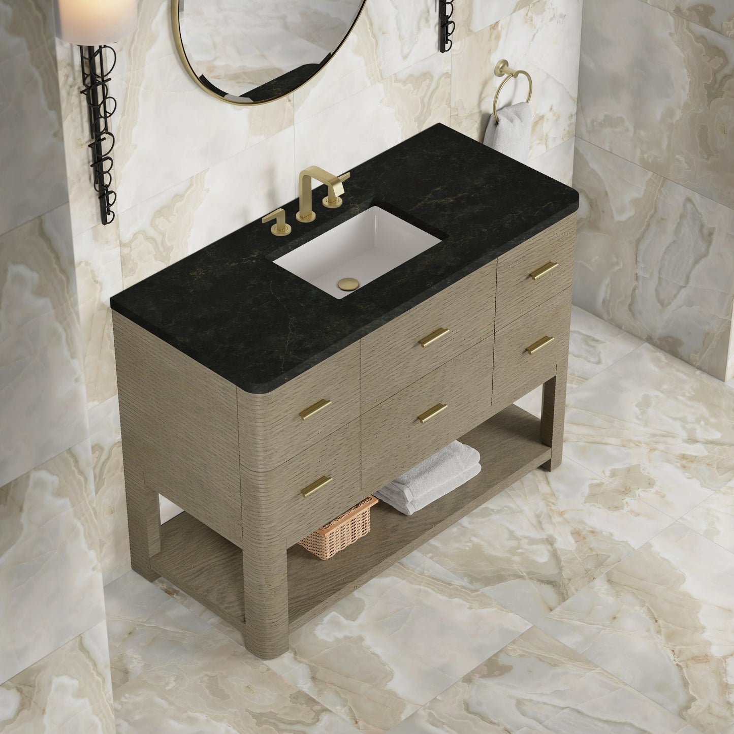 
                  
                    Lucian 48" Single Vanity in Pebble Oak Single Bathroom Vanity James Martin Vanities Phantome Eclos 
                  
                