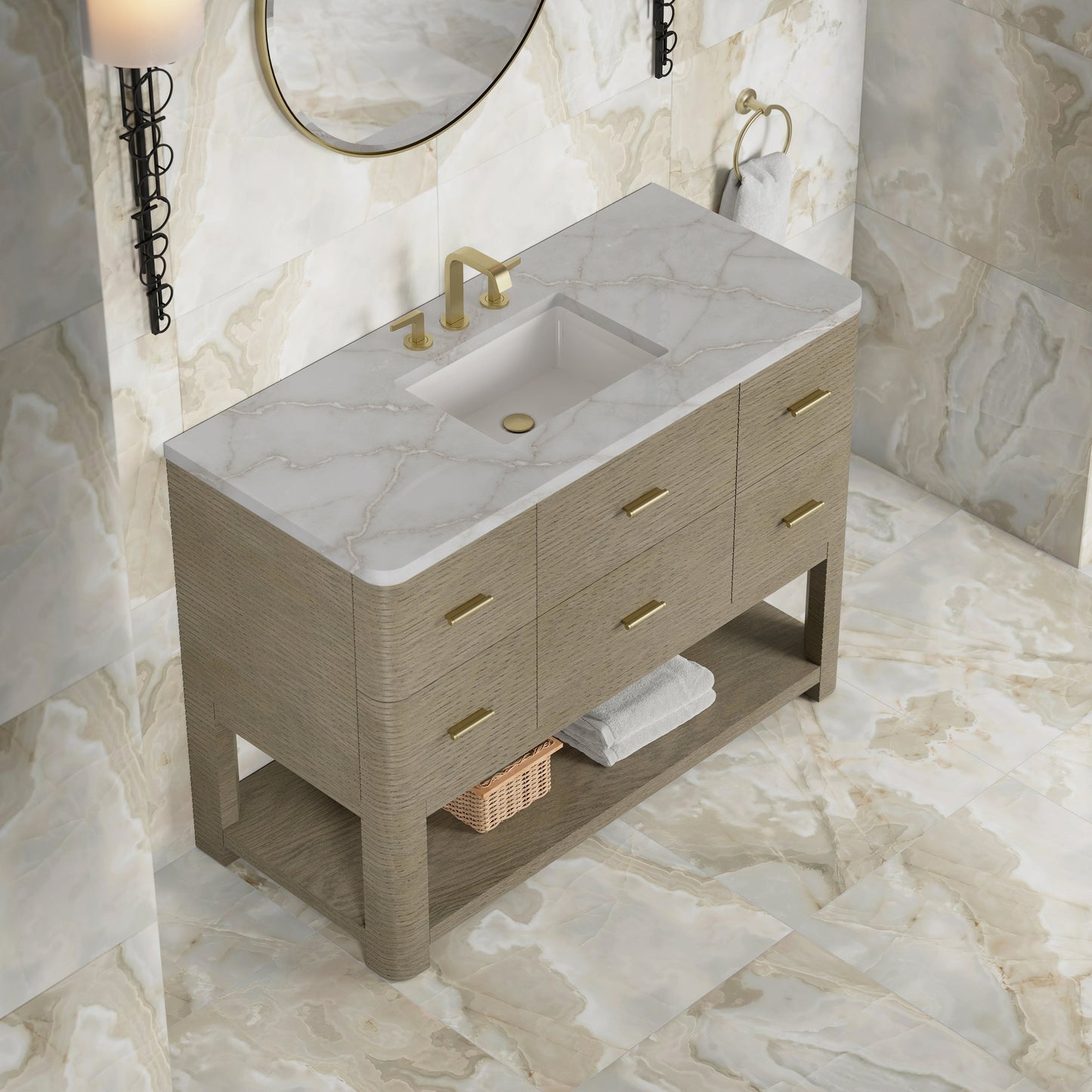 
                  
                    Lucian 48" Single Vanity in Pebble Oak Single Bathroom Vanity James Martin Vanities Victorian Silver Silestone 
                  
                