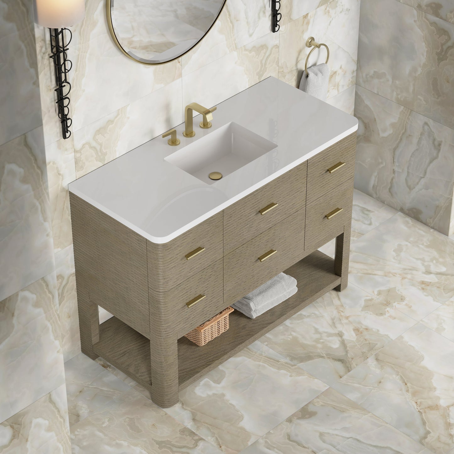 
                  
                    Lucian 48" Single Vanity in Pebble Oak Single Bathroom Vanity James Martin Vanities White Zeus Silestone 
                  
                