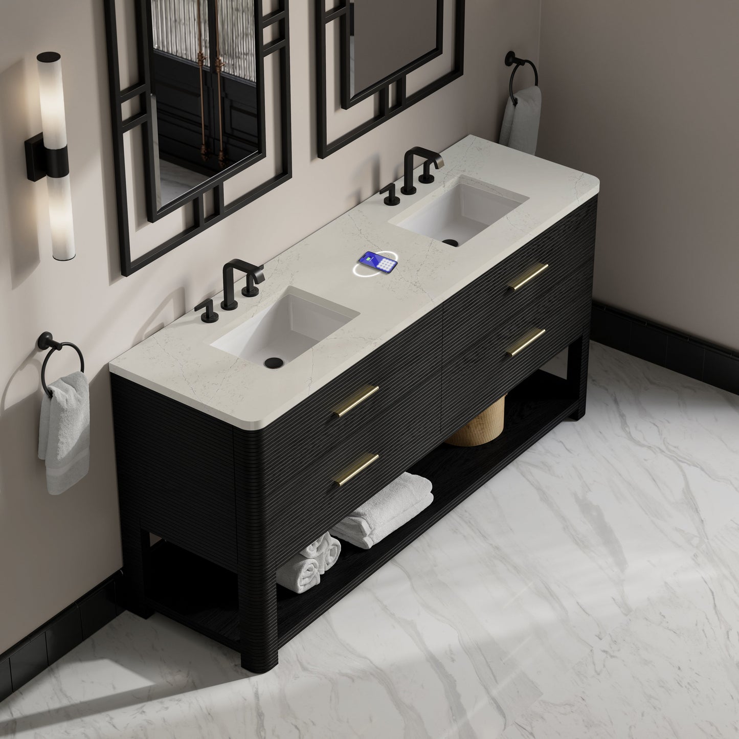 
                  
                    Lucian 72" Double Vanity in Carbon Oak Double bathroom Vanity James Martin Vanities FreePower-Enabled Siberian Silestone 
                  
                