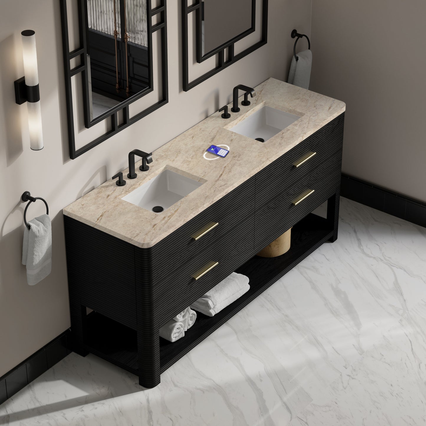
                  
                    Lucian 72" Double Vanity in Carbon Oak Double bathroom Vanity James Martin Vanities FreePower-Enabled Tajnar Eclos 
                  
                