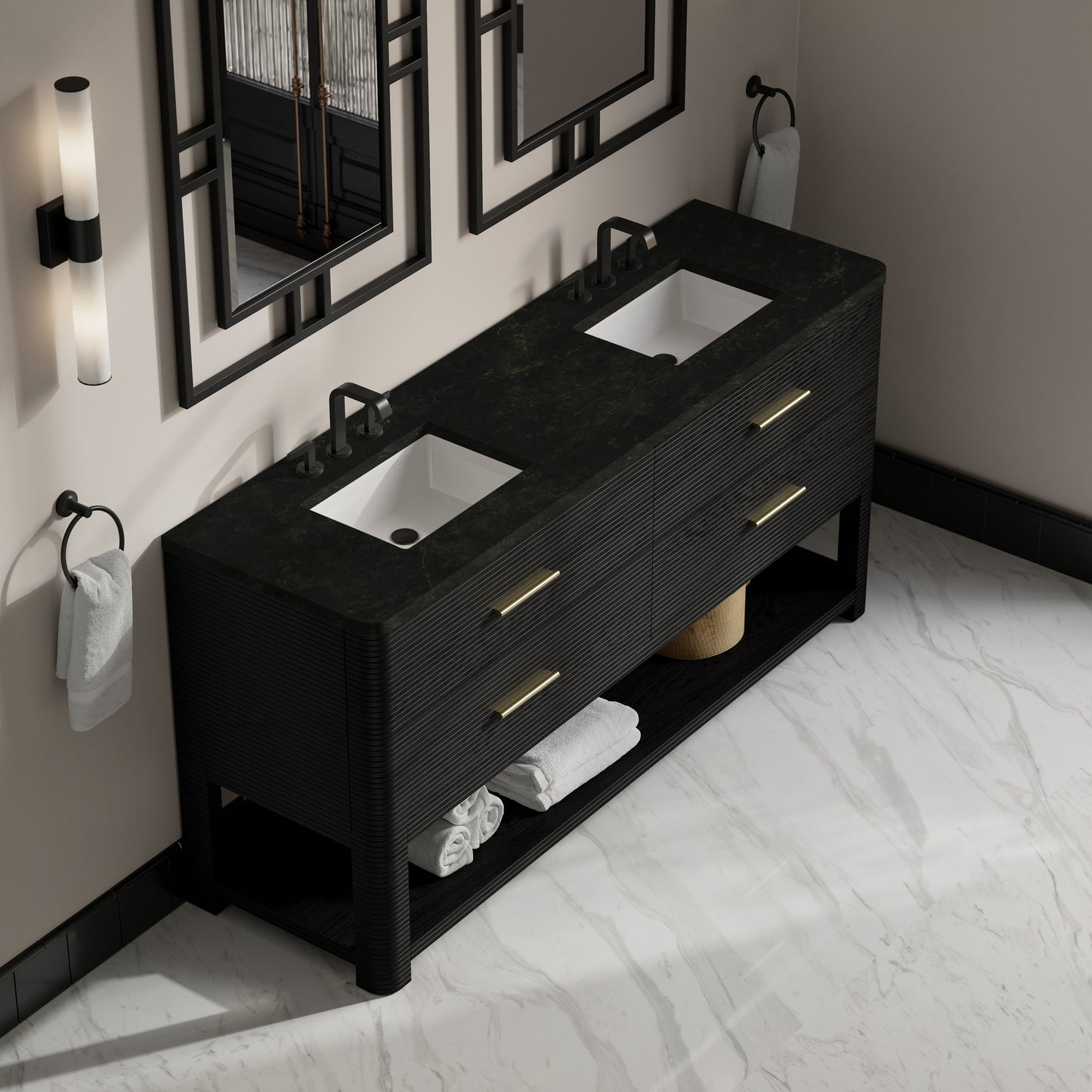 
                  
                    Lucian 72" Double Vanity in Carbon Oak Double bathroom Vanity James Martin Vanities Phantome Eclos 
                  
                