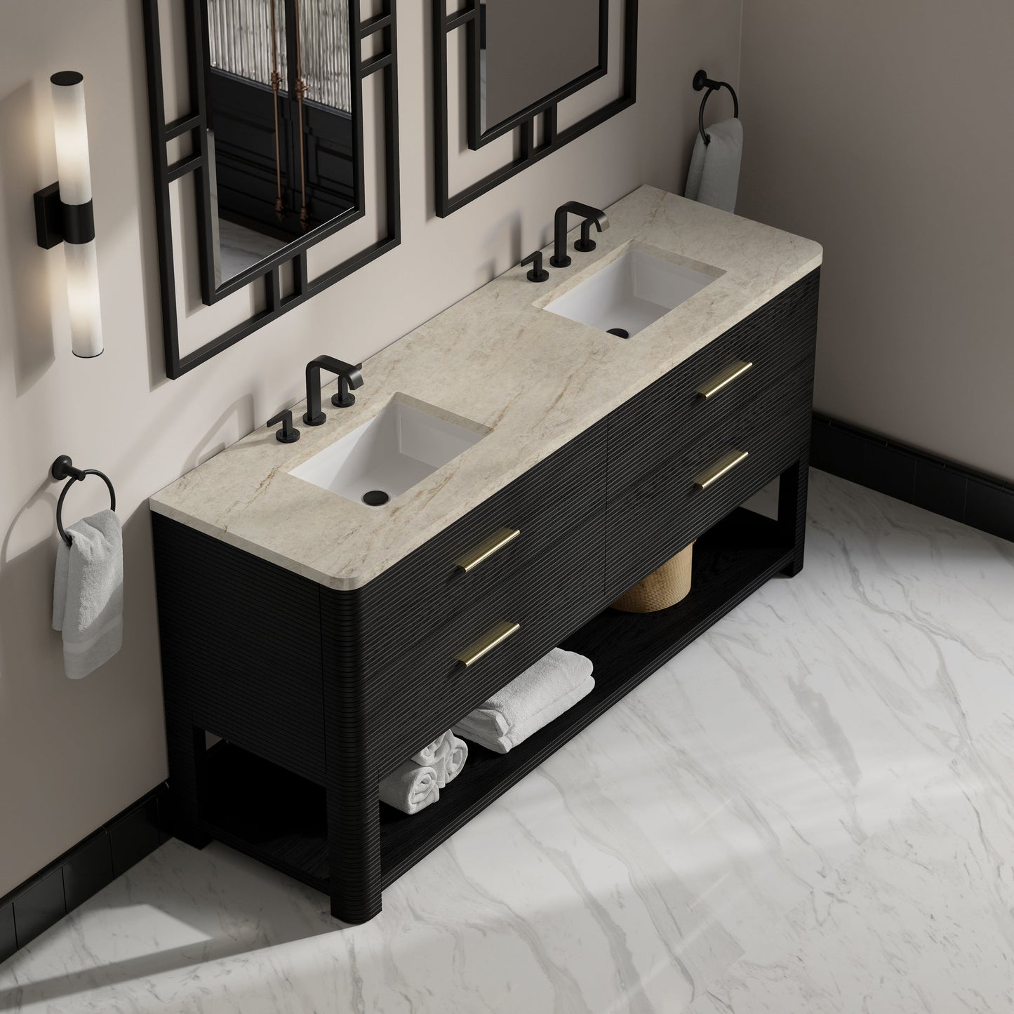 
                  
                    Lucian 72" Double Vanity in Carbon Oak Double bathroom Vanity James Martin Vanities Tajnar Eclos 
                  
                