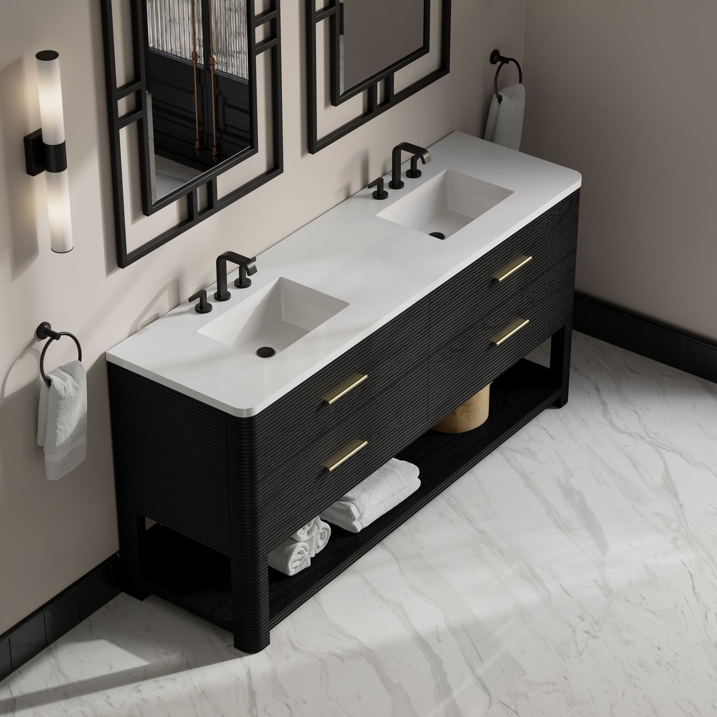 
                  
                    Lucian 72" Double Vanity in Carbon Oak Double bathroom Vanity James Martin Vanities White Zeus Silestone 
                  
                
