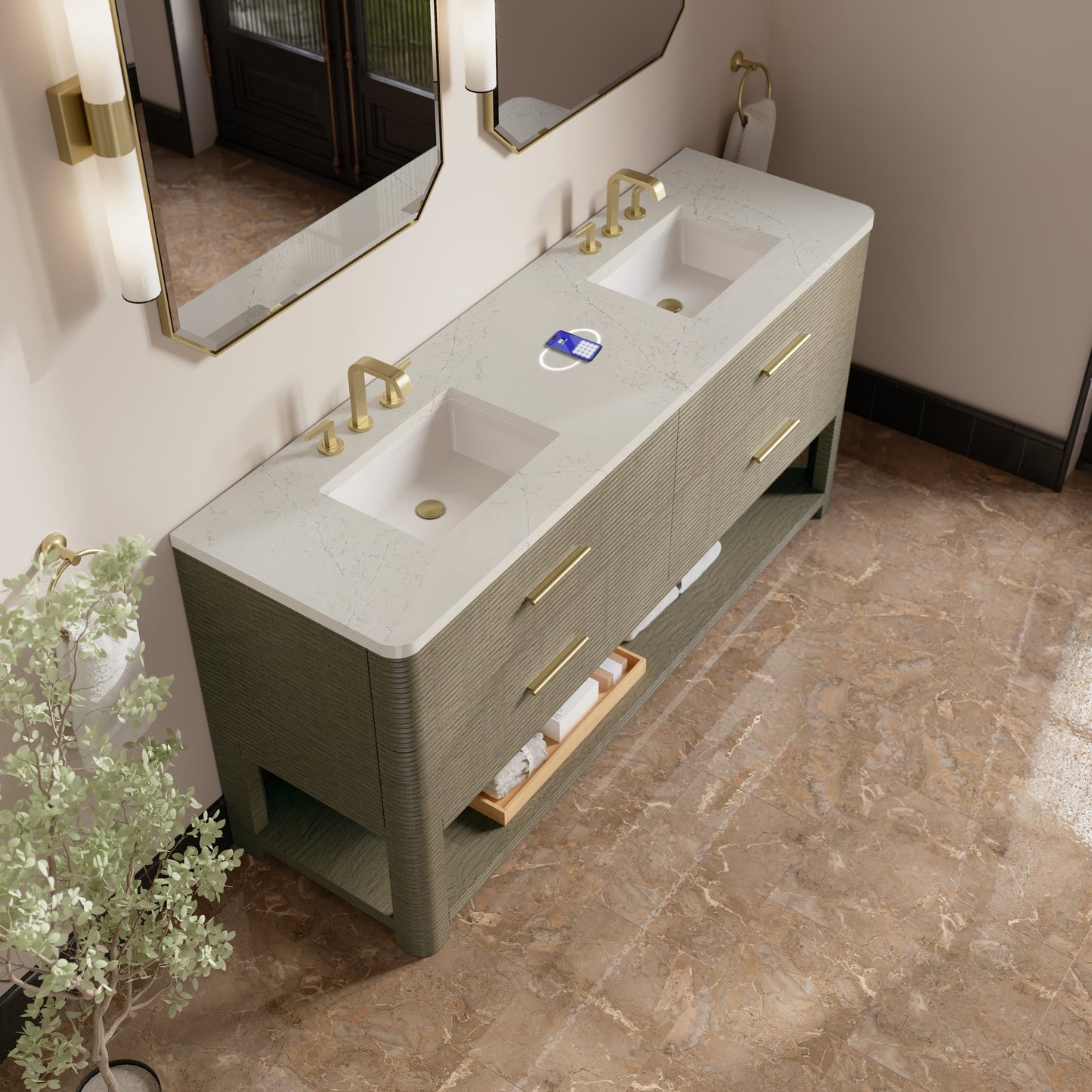 
                  
                    Lucian 72" Double Vanity in Pebble Oak Double bathroom Vanity James Martin Vanities FreePower-Enabled Siberian Silestone 
                  
                