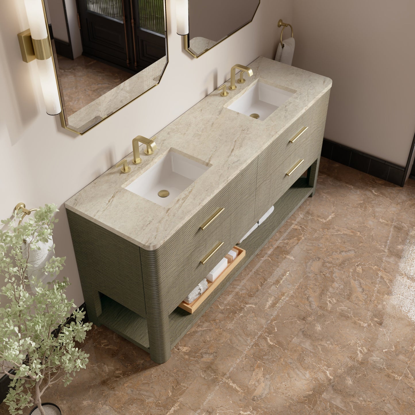 
                  
                    Lucian 72" Double Vanity in Pebble Oak Double bathroom Vanity James Martin Vanities Tajnar Eclos 
                  
                