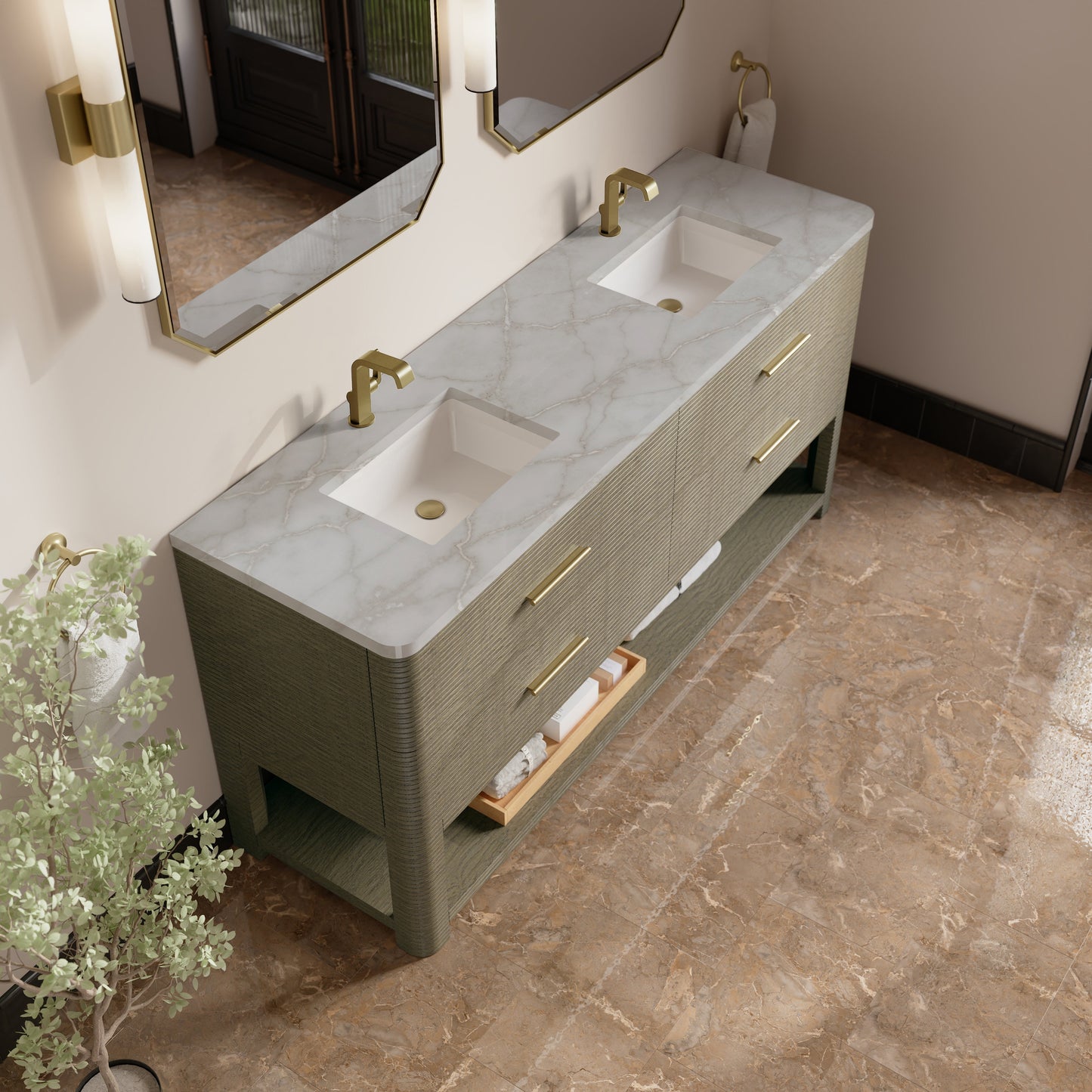 
                  
                    Lucian 72" Double Vanity in Pebble Oak Double bathroom Vanity James Martin Vanities Victorian Silver Silestone - Single Hole 
                  
                