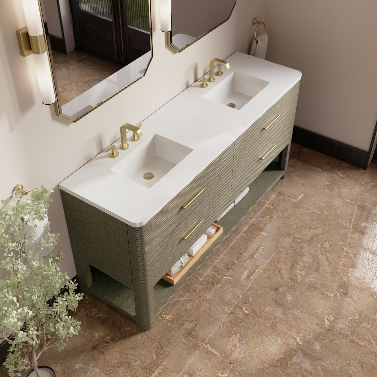
                  
                    Lucian 72" Double Vanity in Pebble Oak Double bathroom Vanity James Martin Vanities White Zeus Silestone 
                  
                