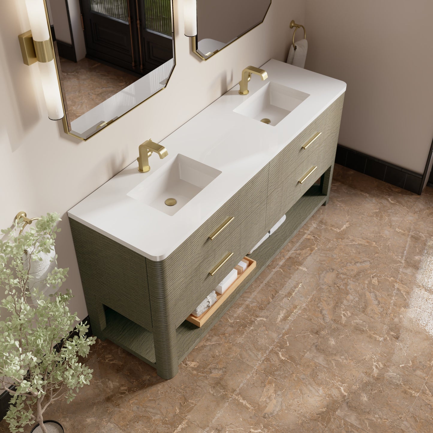 
                  
                    Lucian 72" Double Vanity in Pebble Oak Double bathroom Vanity James Martin Vanities White Zeus Silestone - Single Hole 
                  
                