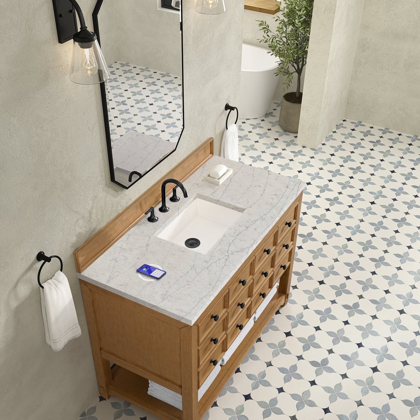 
                  
                    Malibu 48" Single Bathroom Vanity in Amber Birch Single Bathroom Vanity James Martin Vanities FreePower-Enabled Eternal Jasmine Pearl Silestone 
                  
                
